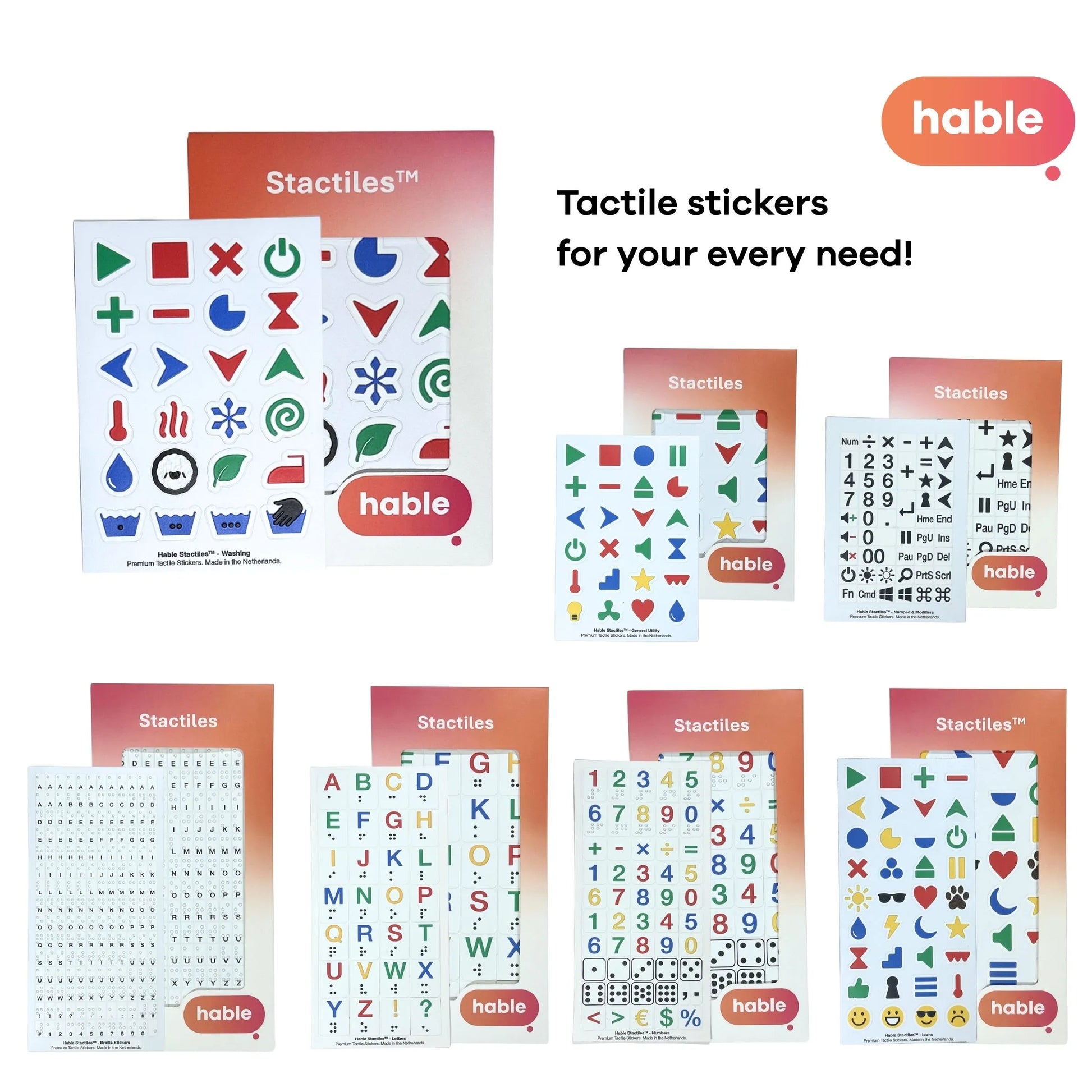 A marketing collage with the headline "Tactile stickers for your every need!" featuring the Hable logo. The Washing pack is highlighted in the top-left corner, surrounded by the full range of Stactiles products including the QWERTY keyboard set, Braille Alphabet, Numbers, and Emojis, showcasing a complete solution for home and office accessibility.