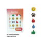 The Hable Stactiles Emoji packaging is displayed next to five individual sample stickers arranged vertically: a happy face, a black paw print, a red fire icon, a blue water drop, and a green thumbs up. Text at the bottom of the image states: "24 premium feelable haptic stickers."