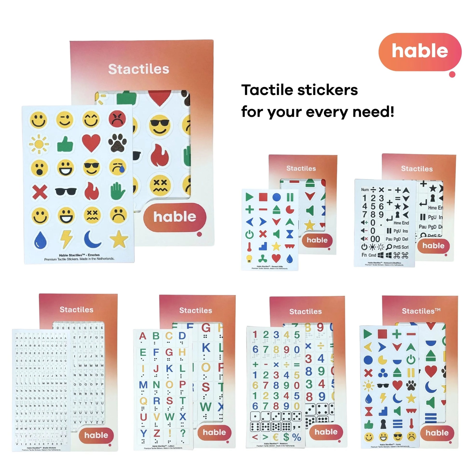 A marketing collage featuring the headline "Tactile stickers for your every need!" and the Hable logo. The Emoji pack is shown prominently in the top-left corner, surrounded by other Stactiles sets like the Braille Alphabet, Numbers, Icons, and Keyboard shortcuts, highlighting a full ecosystem of tactile labeling solutions.