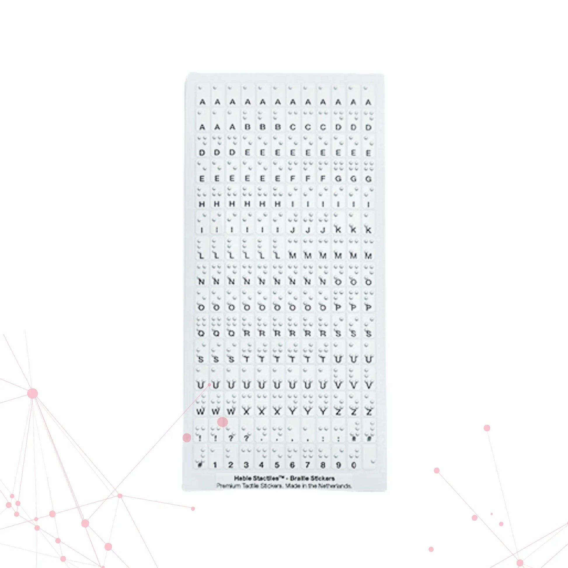 A complete sheet of 180 Stactiles tactile stickers. The sheet displays the full alphabet, numbers 0 through 9, and punctuation symbols. Each sticker features a high-contrast black visual character with transparent, raised Braille dots perfectly centered on top.