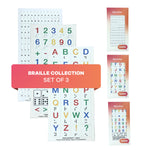 Product photo of the Hable Stactiles Braille Collection bundle against a white background, featuring a prominent pink-to-orange overlay banner across the center reading "BRAILLE COLLECTION SET OF 3". On the left, three tactile sticker sheets overlap: a sheet of small white tiny braille stickers, a sheet of large colorful braille numbers and math symbols, and a front sheet of large colorful braille alphabet letters (A–Z) with punctuation. On the right are three vertical red retail packaging boxes displaying 