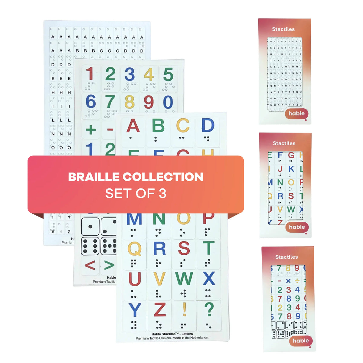 Product photo of the Hable Stactiles Braille Collection bundle against a white background, featuring a prominent pink-to-orange overlay banner across the center reading "BRAILLE COLLECTION SET OF 3". On the left, three tactile sticker sheets overlap: a sheet of small white tiny braille stickers, a sheet of large colorful braille numbers and math symbols, and a front sheet of large colorful braille alphabet letters (A–Z) with punctuation. On the right are three vertical red retail packaging boxes displaying 