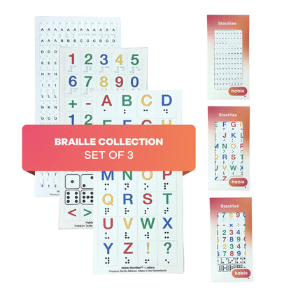 Product photo of the Hable Stactiles Braille Collection bundle against a white background, featuring a prominent pink-to-orange overlay banner across the center reading "BRAILLE COLLECTION SET OF 3". On the left, three tactile sticker sheets overlap: a sheet of small white tiny braille stickers, a sheet of large colorful braille numbers and math symbols, and a front sheet of large colorful braille alphabet letters (A–Z) with punctuation. On the right are three vertical red retail packaging boxes displaying 