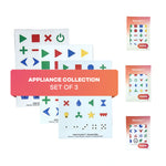 Product photo of the Hable Stactiles Appliance Collection bundle set of 3 against a white background, with a central pink-to-orange overlay banner reading "APPLIANCE COLLECTION SET OF 3". The image displays three overlapping tactile sticker sheets (Washing, General Utility, and Basic Shapes) on the left, alongside three red vertical retail packaging boxes on the right.