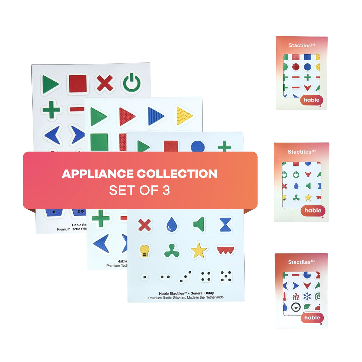 Product photo of the Hable Stactiles Appliance Collection bundle set of 3 against a white background, with a central pink-to-orange overlay banner reading "APPLIANCE COLLECTION SET OF 3". The image displays three overlapping tactile sticker sheets (Washing, General Utility, and Basic Shapes) on the left, alongside three red vertical retail packaging boxes on the right.