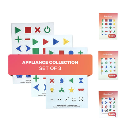 Product photo of the Hable Stactiles Appliance Collection bundle set of 3 against a white background, with a central pink-to-orange overlay banner reading "APPLIANCE COLLECTION SET OF 3". The image displays three overlapping tactile sticker sheets (Washing, General Utility, and Basic Shapes) on the left, alongside three red vertical retail packaging boxes on the right.