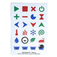Top-down view of the "Hable Stactiles - Washing" sticker sheet. It contains colorful laundry and washing machine symbols, including power buttons, play/pause, temperature controls, heat lines, snowflake, eco leaf, wool cycle, iron, and wash tub water level indicators.