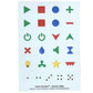 Top-down view of the "Hable Stactiles - General Utility" sticker sheet, designed for household appliances. Displays controls like power buttons, volume speakers, lightbulbs, water drops, fan icons, stars, and tactile dot patterns.