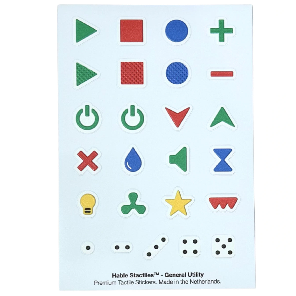 Top-down view of the "Hable Stactiles - General Utility" sticker sheet, designed for household appliances. Displays controls like power buttons, volume speakers, lightbulbs, water drops, fan icons, stars, and tactile dot patterns.