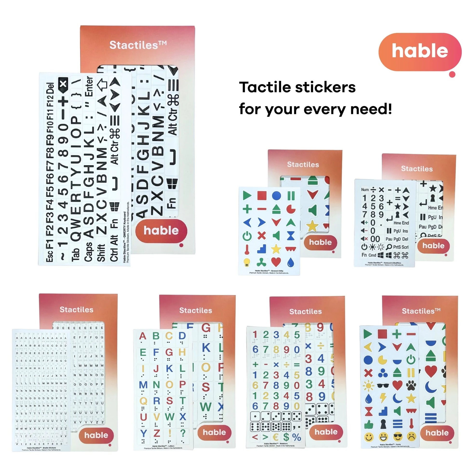 A marketing collage with the headline "Tactile stickers for your every need!" featuring the Hable logo. The 80-piece QWERTY Keyboard set is featured prominently in the top-left corner, surrounded by other specialized Stactiles sets including Braille letters, numbers, mathematical symbols, emojis, and utility icons.