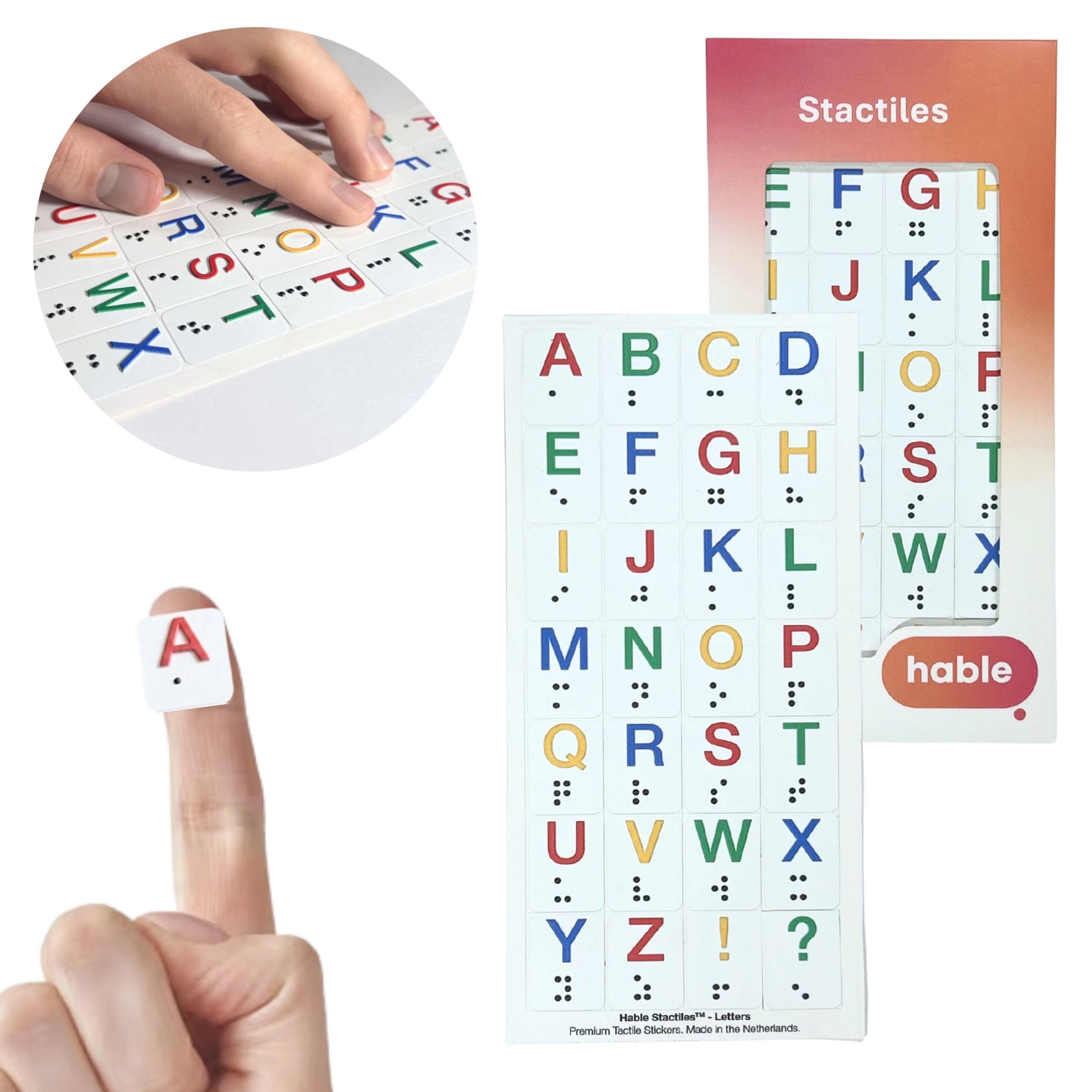 A composite image showcasing the Stactiles Braille Alphabet set. In the top-left circle, a hand feels a sheet of colorful raised letters. Below, a small square sticker with a red letter "A" and its Braille equivalent is shown on a fingertip. To the right, the full sheet of 28 stickers (A-Z plus "!" and "?") is displayed alongside the Hable retail packaging.
