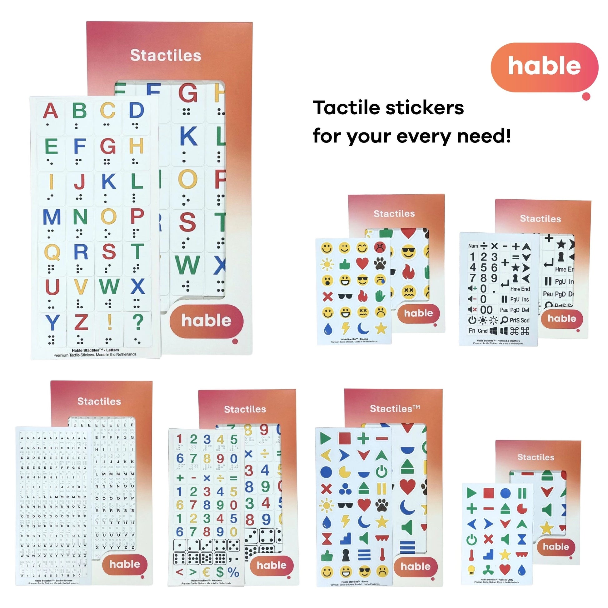 A marketing collage titled "Tactile stickers for your every need!" featuring the Hable logo. The image displays several Stactiles sets, including the Braille Alphabet, Emojis, Keyboard shortcuts, Numbers/Mathematical symbols, and Icons, showing the variety of tactile solutions available.