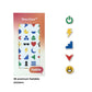 The Stactiles Icons retail box is shown next to five individual stickers arranged vertically: a green power icon, a yellow lightning bolt, blue stairs, a red chevron, and a yellow smiley face. Text at the bottom states, "36 premium feelable stickers."