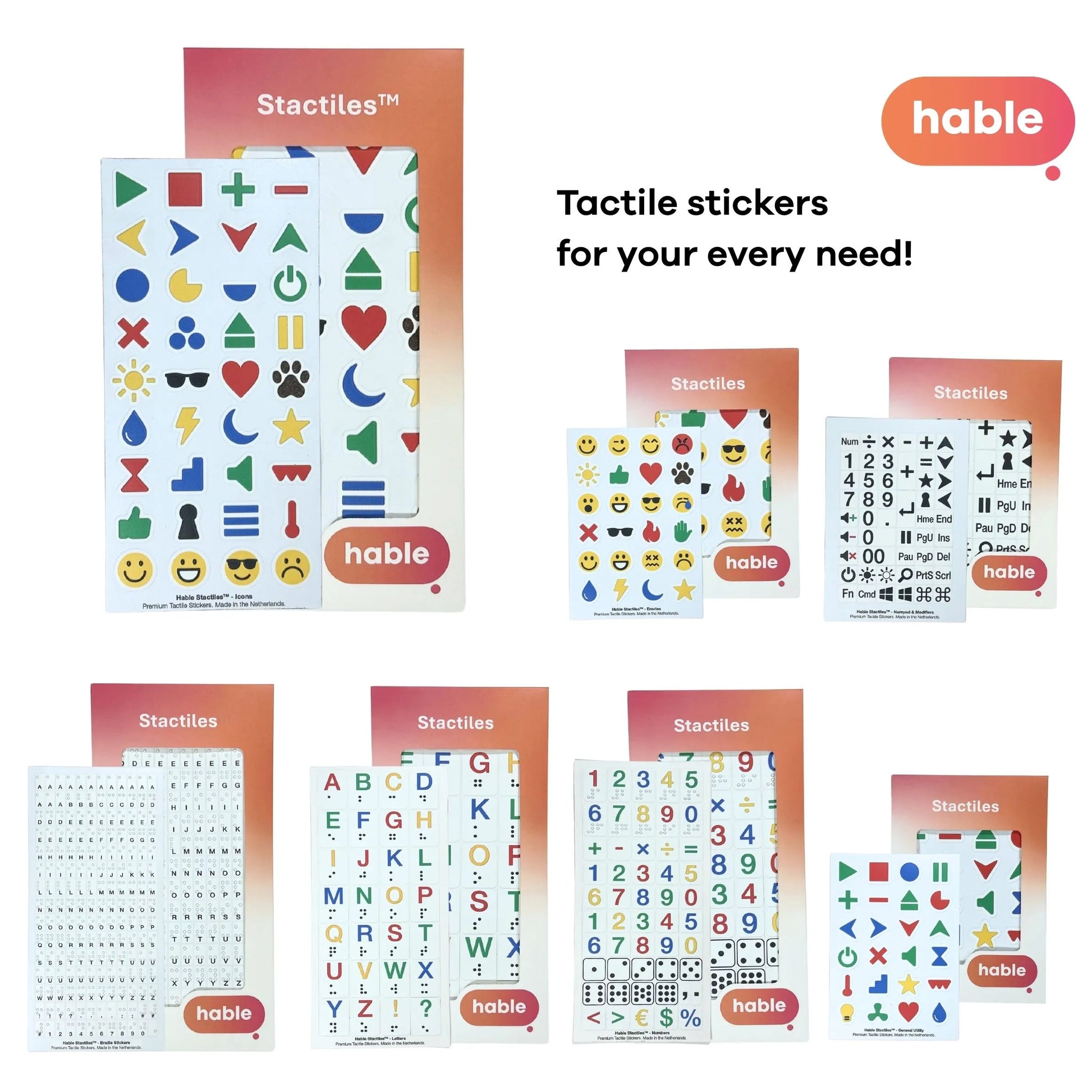 A product range display showcasing various Stactiles sticker sets, including icons, emojis, numbers, mathematical symbols, letters with corresponding Braille, and computer keyboard shortcuts. The Hable logo and the text "Tactile stickers for your every need!" are positioned in the upper right.