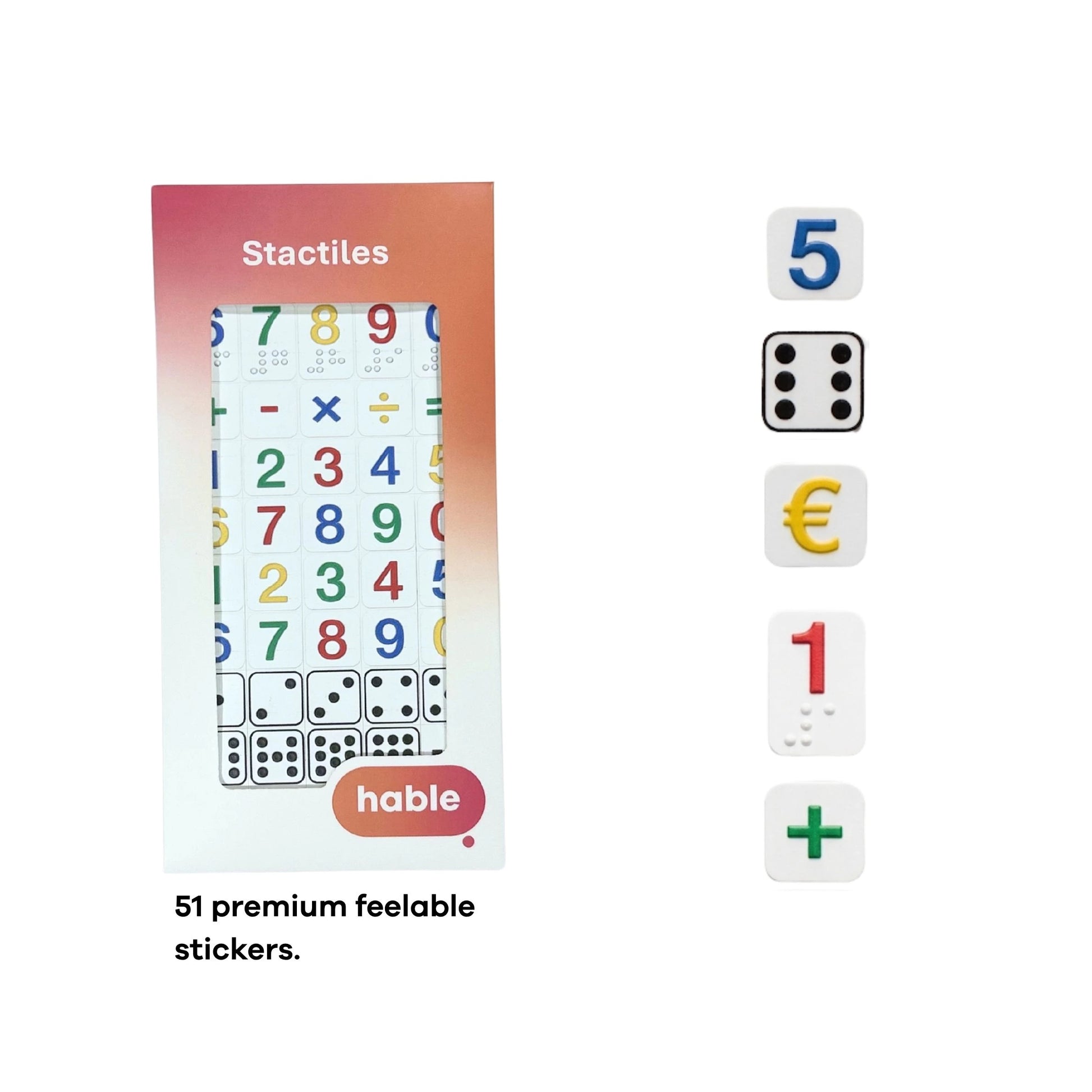 The Hable Stactiles Numbers retail box is shown next to five individual sample stickers arranged vertically: a blue number "5", a black six-dot dice pattern, a yellow Euro symbol (€), a red number "1" with Braille dots, and a green plus sign (+). Text at the bottom states, "51 premium feelable stickers."