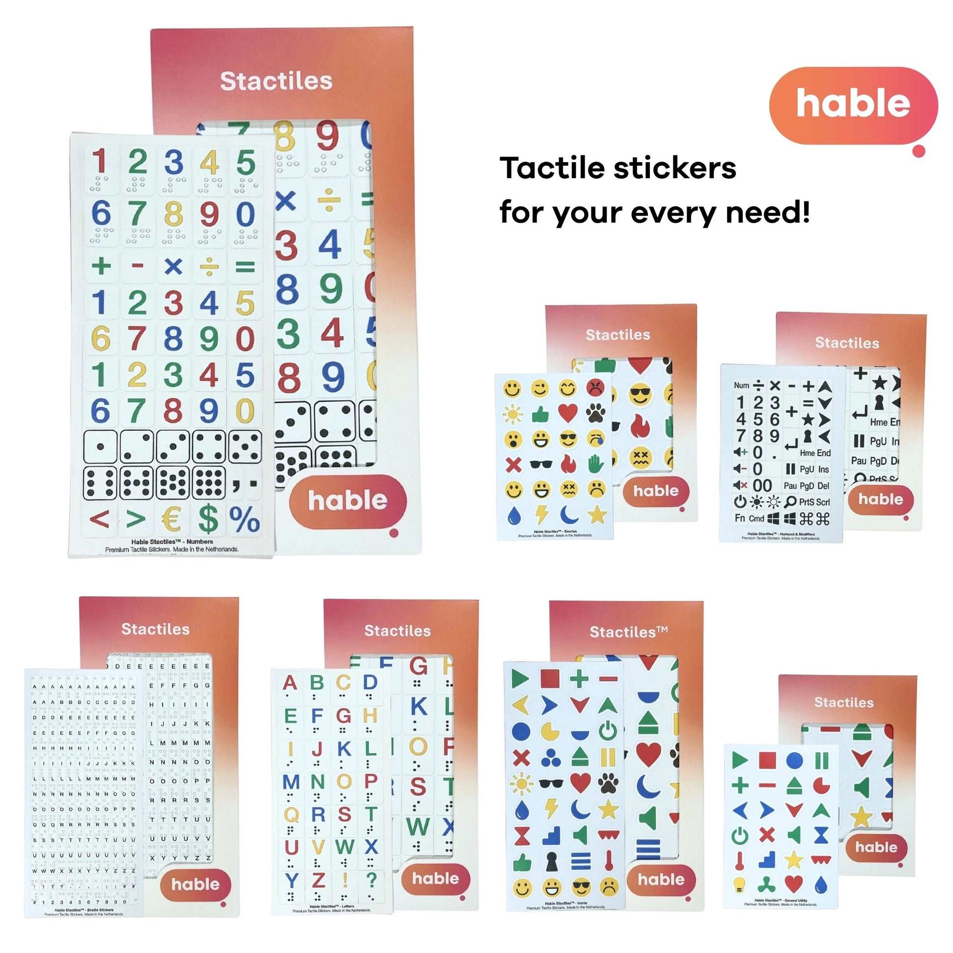 A marketing collage showcasing the full Hable Stactiles product line. The text "Tactile stickers for your every need!" is centered. Around it are various packs including Numbers, Braille Alphabet, Icons, Emojis, and Keyboard shortcuts, each displayed with its distinctive colorful retail packaging.