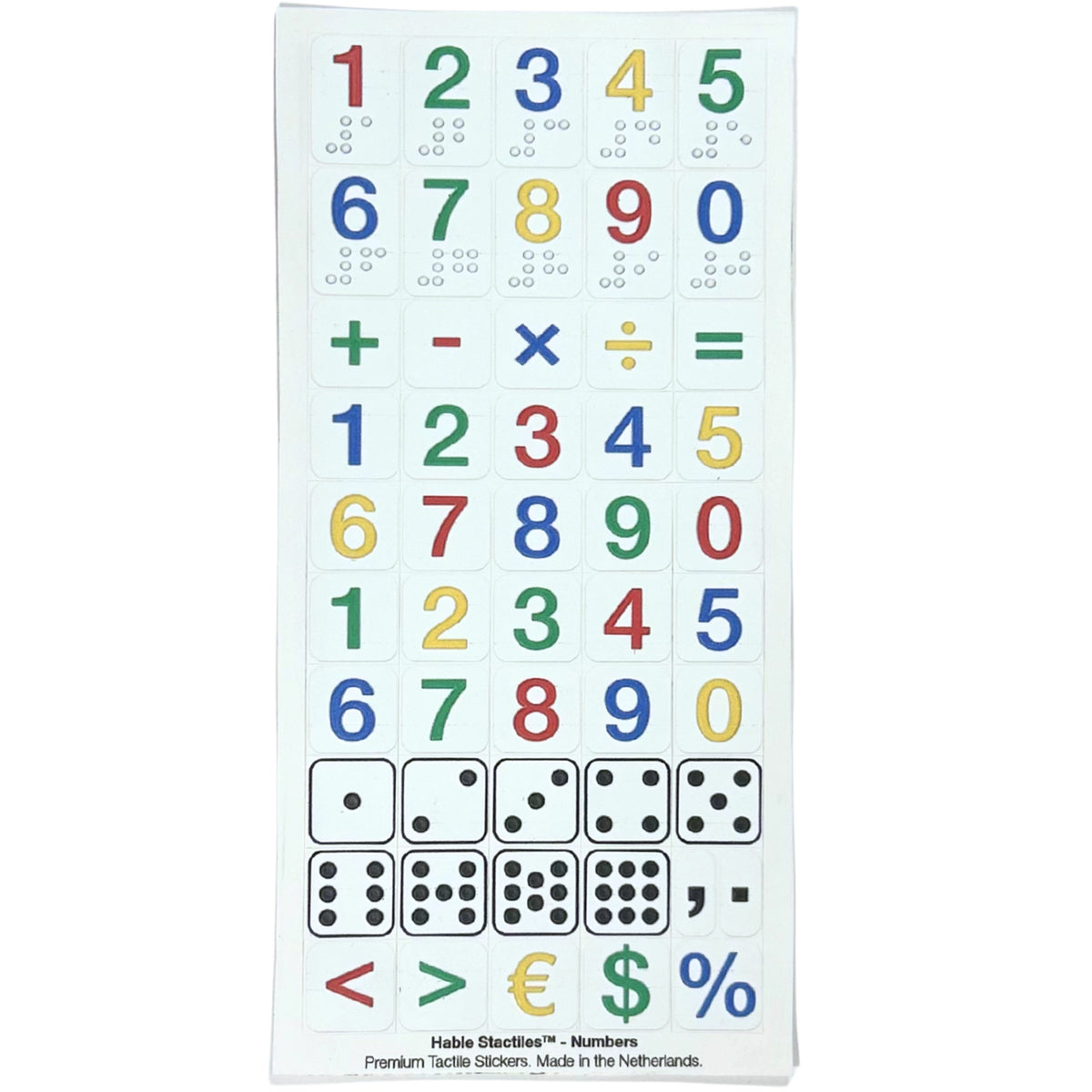 Top-down view of the "Hable Stactiles - Numbers" sticker sheet against a white background. It contains large colorful numbers 1 to 0, basic math operators (+, -, ×, ÷, =), repeated colorful digit rows, tactile dice dot patterns (1–6), comparison signs (<, >), and currency symbols (€, $, %).