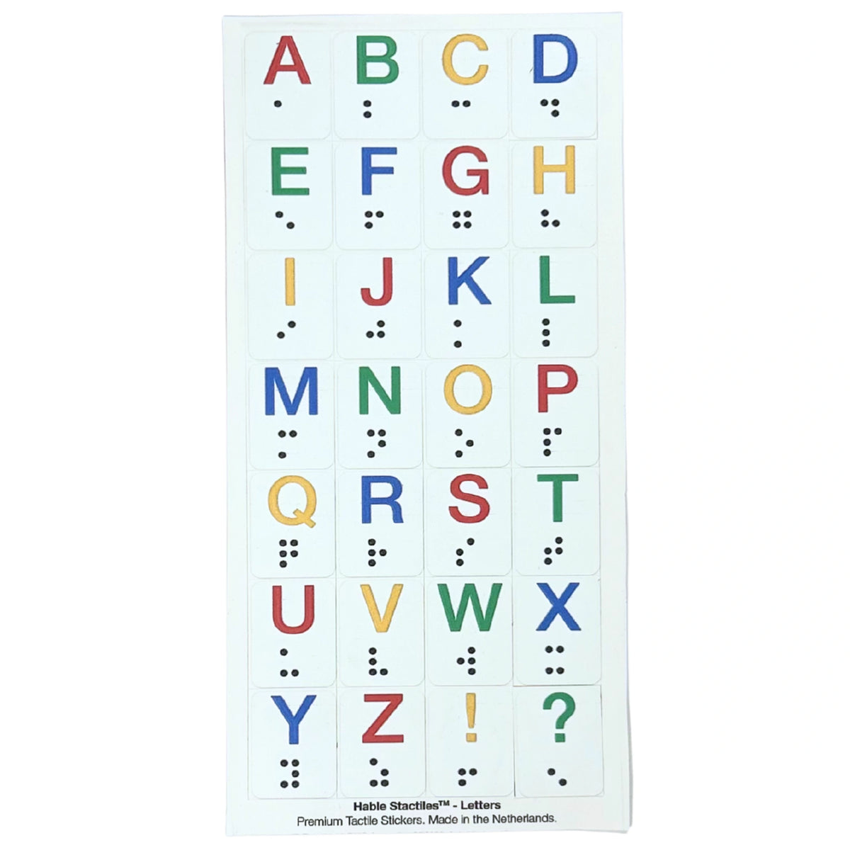 Top-down view of the "Hable Stactiles - Letters" sticker sheet against a white background. The sheet features colorful uppercase letters A through Z arranged sequentially in a grid, each accompanied by its corresponding black tactile braille dots printed directly underneath, along with exclamation and question mark symbols.