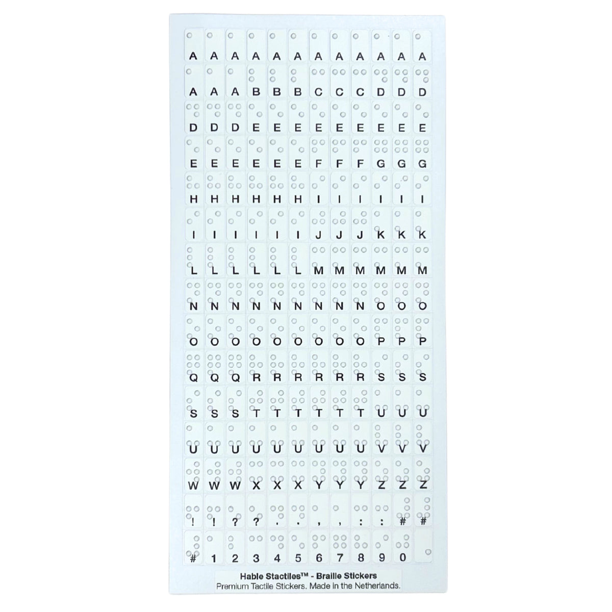 Top-down view of the "Hable Stactiles - Braille Stickers" sheet. It displays dense rows of small white individual stickers containing repeating letters A through Z, numbers 0–9, and punctuation marks, each paired with small braille dots.