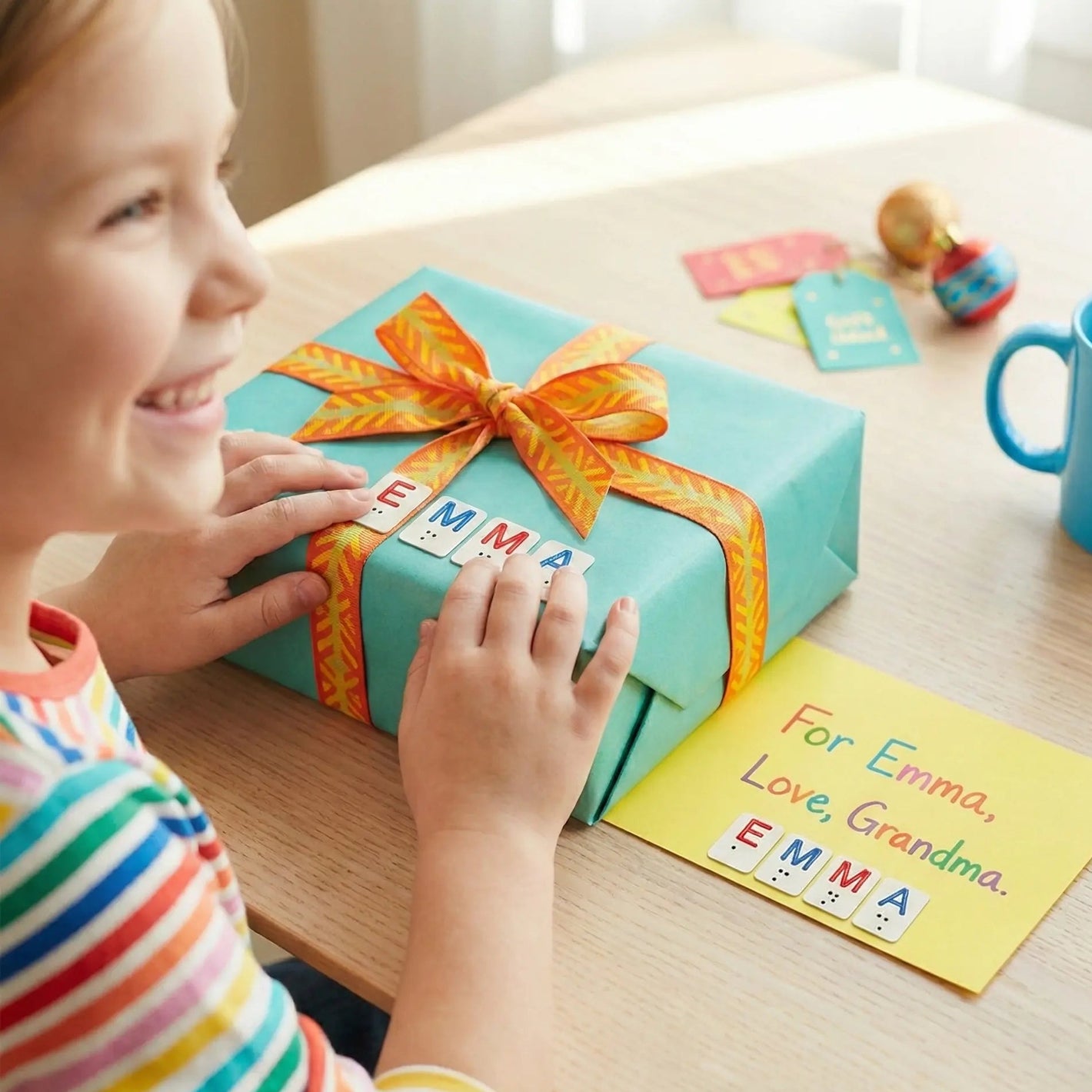 A joyful young girl in a striped shirt with her eyes closed, sits at a table and smiles as her fingers read the tactile Braille stickers spelling "EMMA" on a wrapped gift. The gift is in turquoise paper with an orange and yellow ribbon. Next to it is a yellow card with the handwritten message "For Emma, Love, Grandma," and a second set of tactile Braille stickers spelling "EMMA." Colorful tags, ornaments, and a blue mug are in the background.