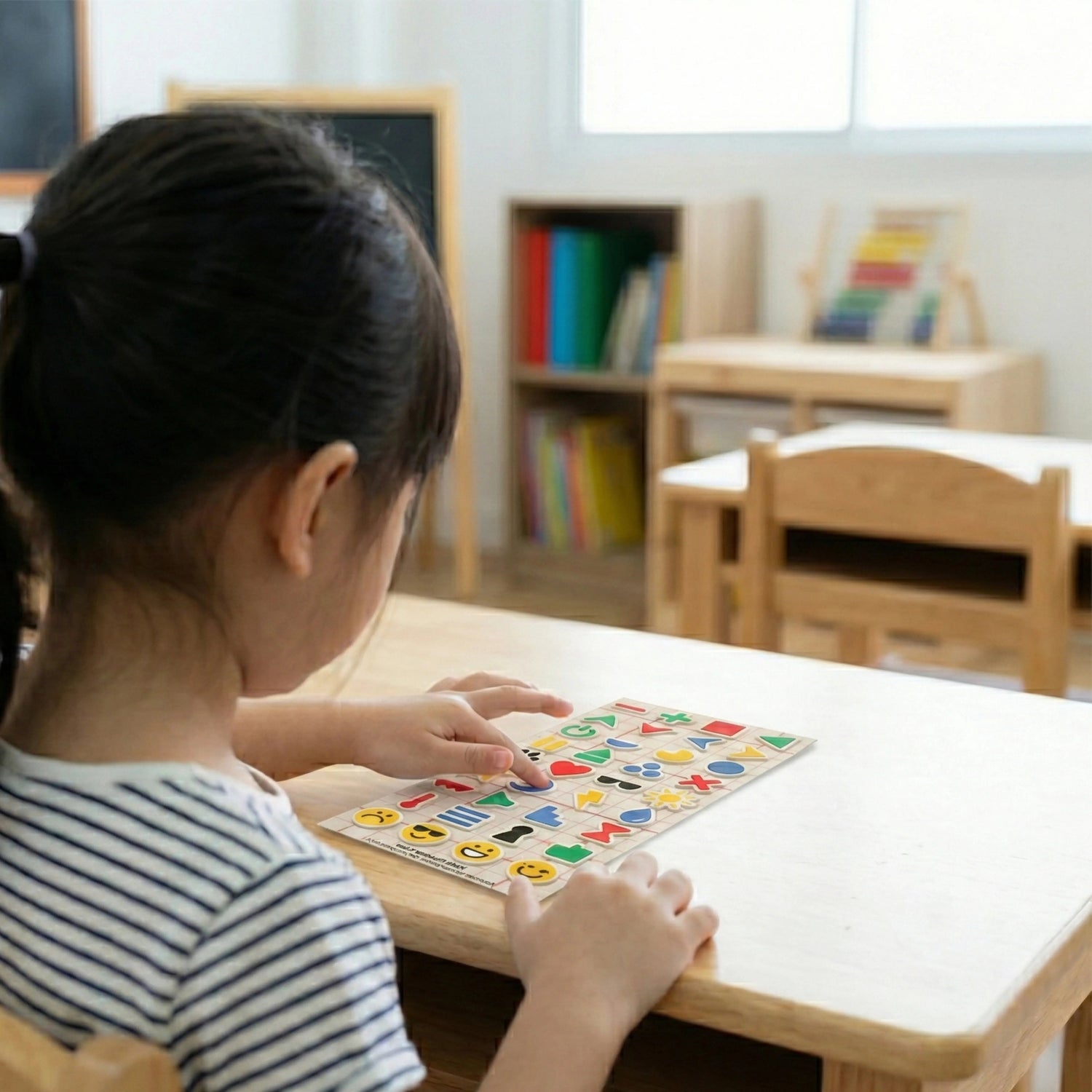 A young child with dark hair in a ponytail, seen from behind and wearing a striped shirt, sits at a wooden table in a bright classroom. The child's right hand is gently feeling the raised, tactile surface of a rectangular sticker sheet that has various colorful icons like shapes, faces, and weather symbols, specifically designed for tactile learning. The background shows more wooden chairs and a bookshelf with books.