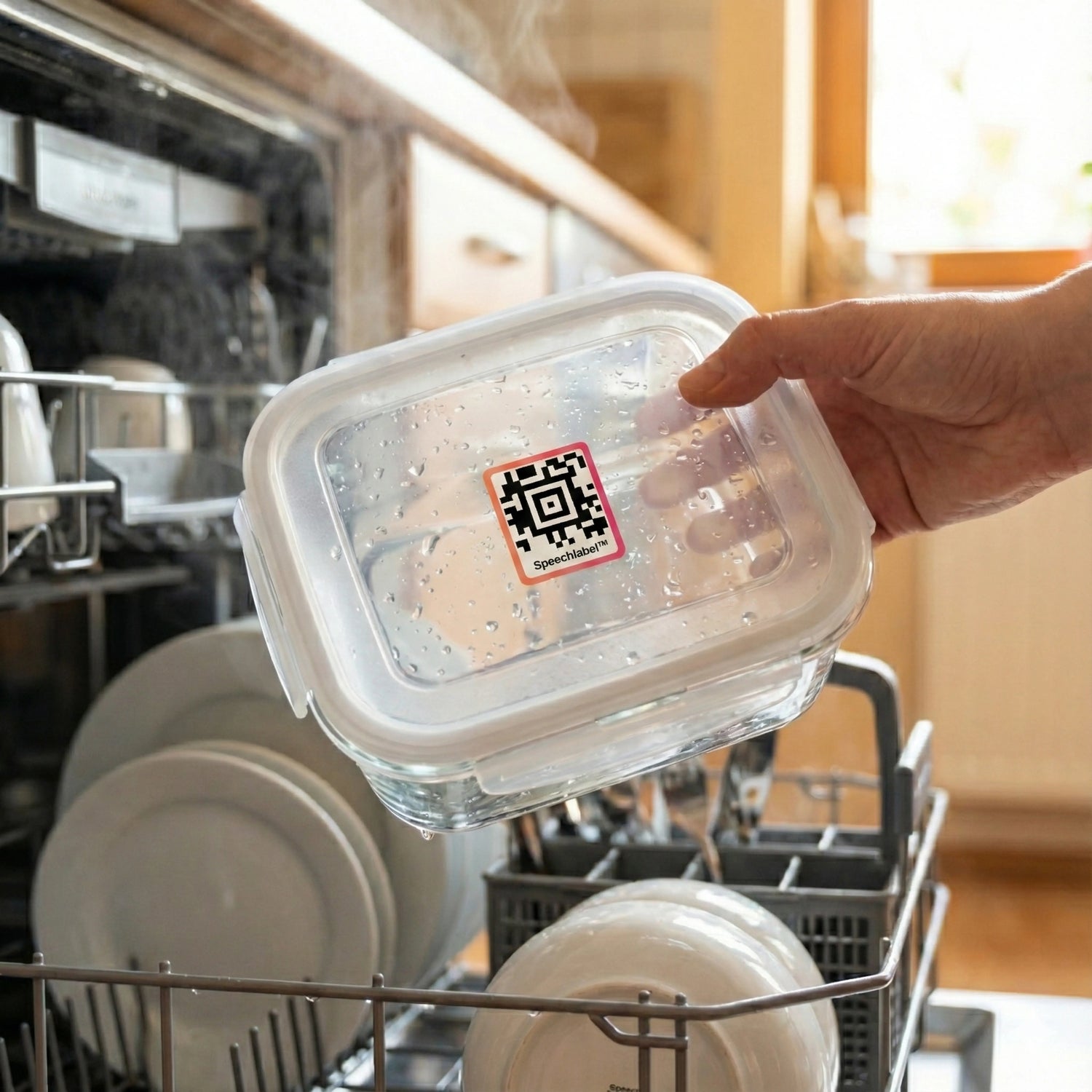 A hand is shown lifting a steaming, wet glass food storage container with a white plastic lid from a dishwasher rack. A square 'Speechlabel™' thin QR code sticker with a black code, an orange-to-pink gradient border, and "Speechlabel™" text is affixed centrally to the wet lid. Water droplets cover the container and sticker. In the background is the open, steaming dishwasher interior with clean white plates and a cutlery basket, and a brightly lit kitchen window.