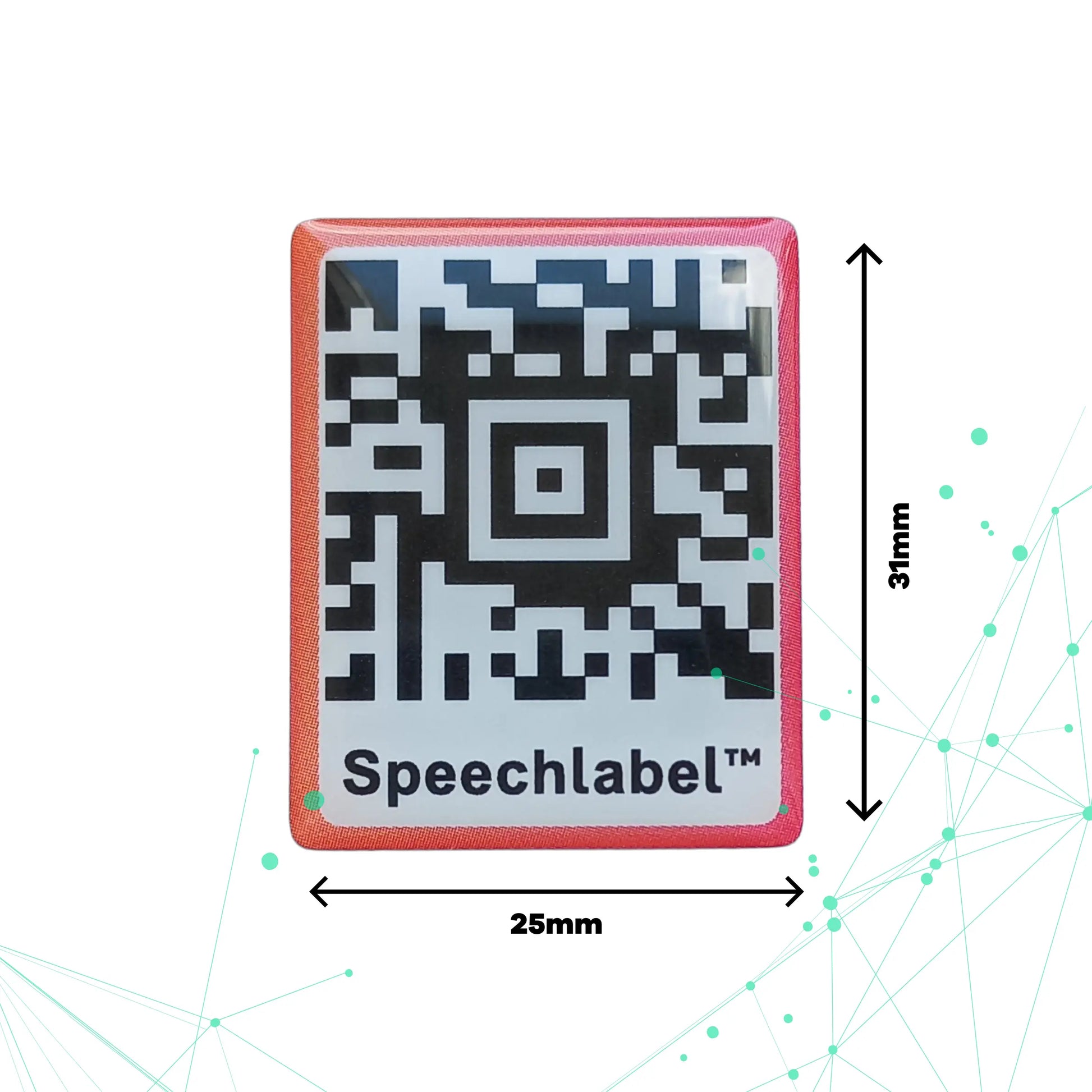 Rectangular device with a QR code and 'Speechlabel' branding, showing dimensions on a white background. Dimensions are 25 by 31 mm.