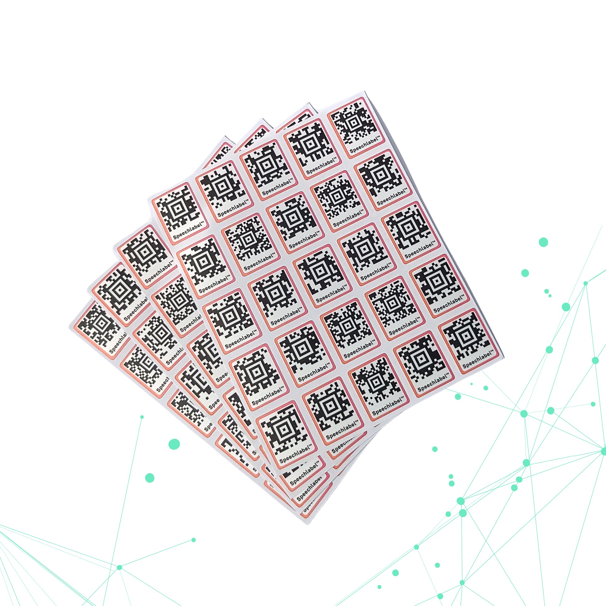 Sheet of QR code stickers on a white background with a network diagram.