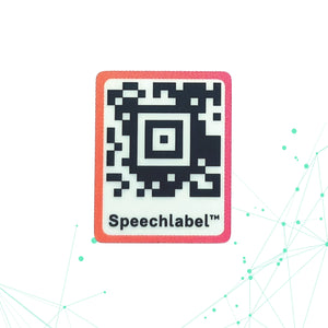 QR code (Aztec) with 'Speechlabel' branding on a white background.