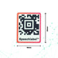 QR code (Aztec) with 'Speechlabel' branding on a white background , with the dimensions added