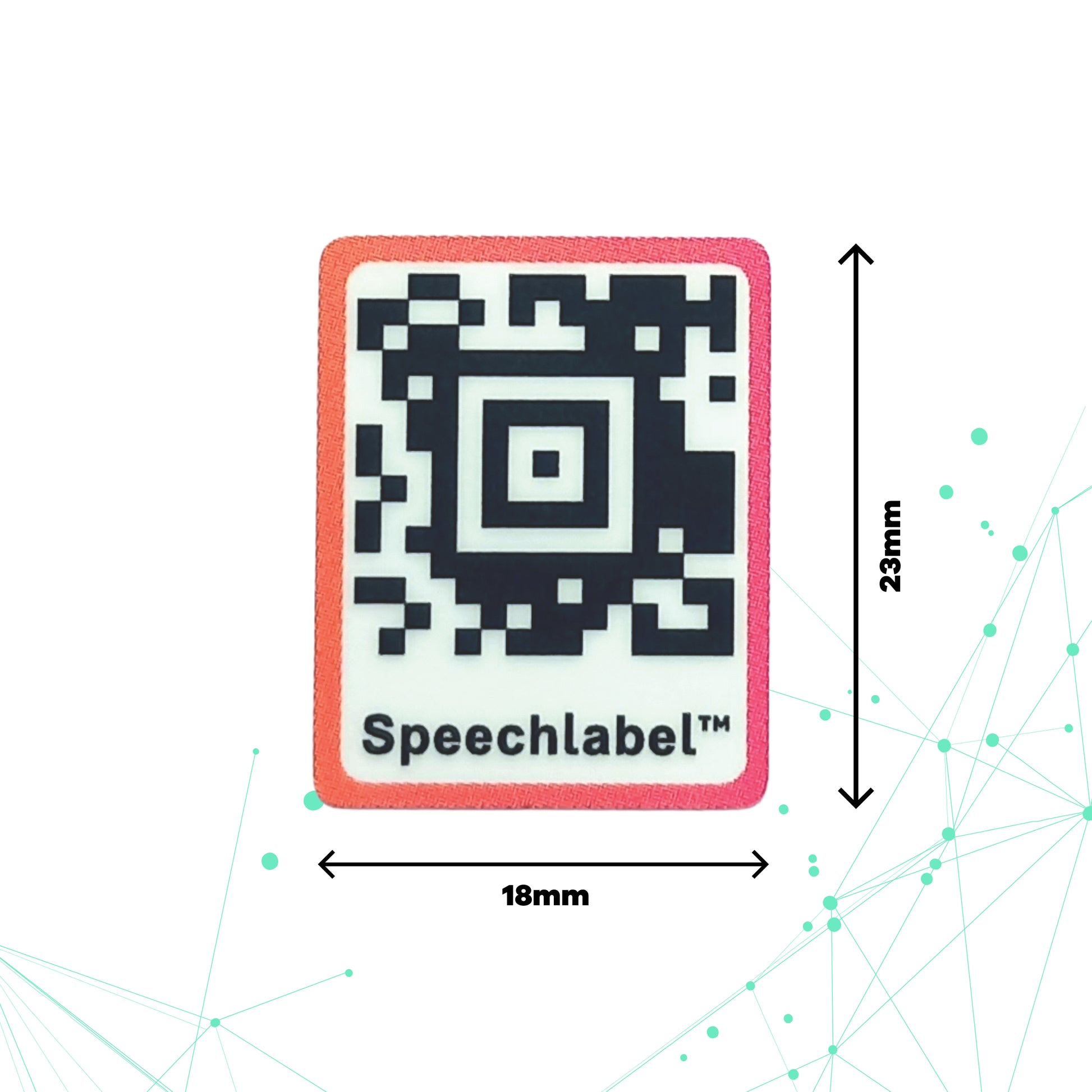QR code (Aztec) with 'Speechlabel' branding on a white background , with the dimensions added