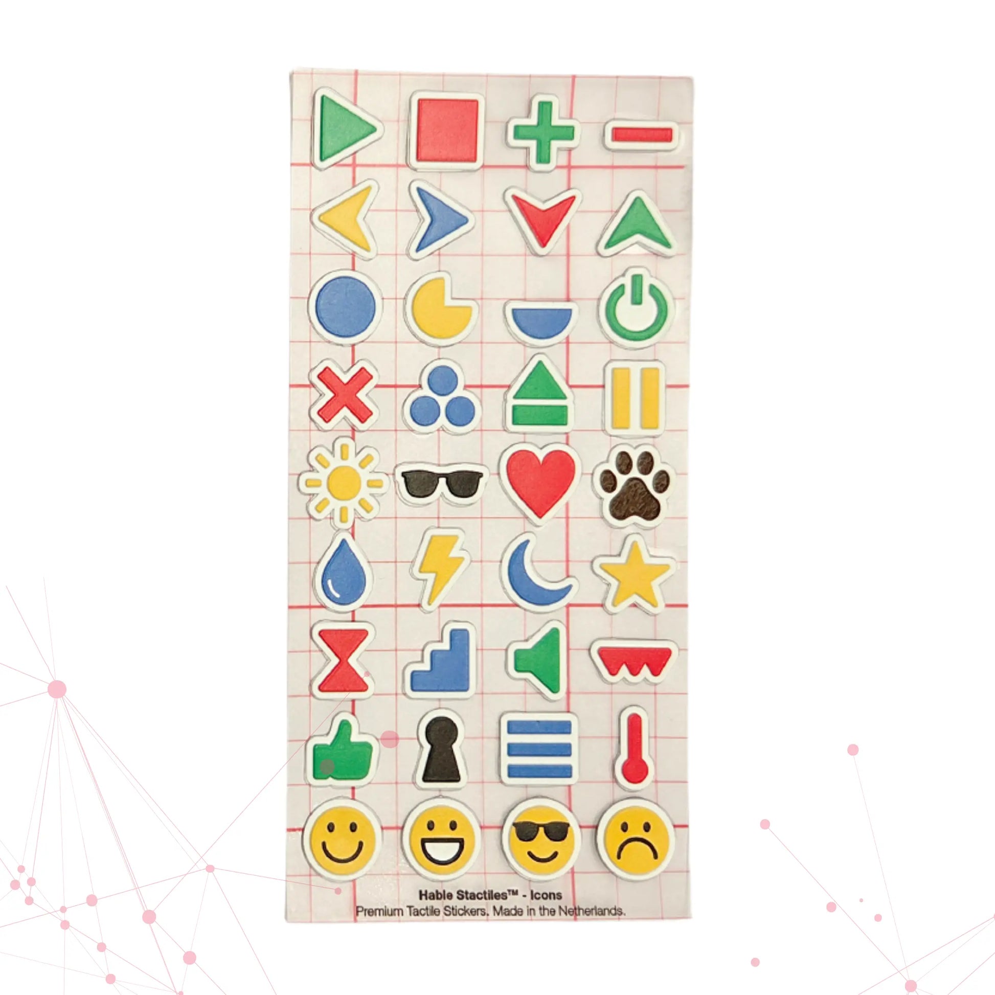 A full Stactiles icons sheet showing colorful raised symbols—arrows, shapes, emojis, and simple pictograms—arranged in a grid on a transparent backing with a faint red guide grid. Text at the bottom reads “Hable Stactiles – Icons. Premium Tactile Stickers, Made in the Netherlands