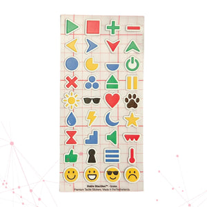 A full Stactiles icons sheet showing colorful raised symbols—arrows, shapes, emojis, and simple pictograms—arranged in a grid on a transparent backing with a faint red guide grid. Text at the bottom reads “Hable Stactiles – Icons. Premium Tactile Stickers, Made in the Netherlands