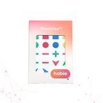 Product packaging for Stactiles basic shapes by Hable. The white box features a pink and orange gradient at the top with the "Stactiles" brand name. A central window showcases several colorful, tactile stickers in basic shapes, including a red textured circle, a blue striped circle, green plus signs, and red minus signs. The "hable" logo is displayed in a rounded bubble in the bottom right corner.