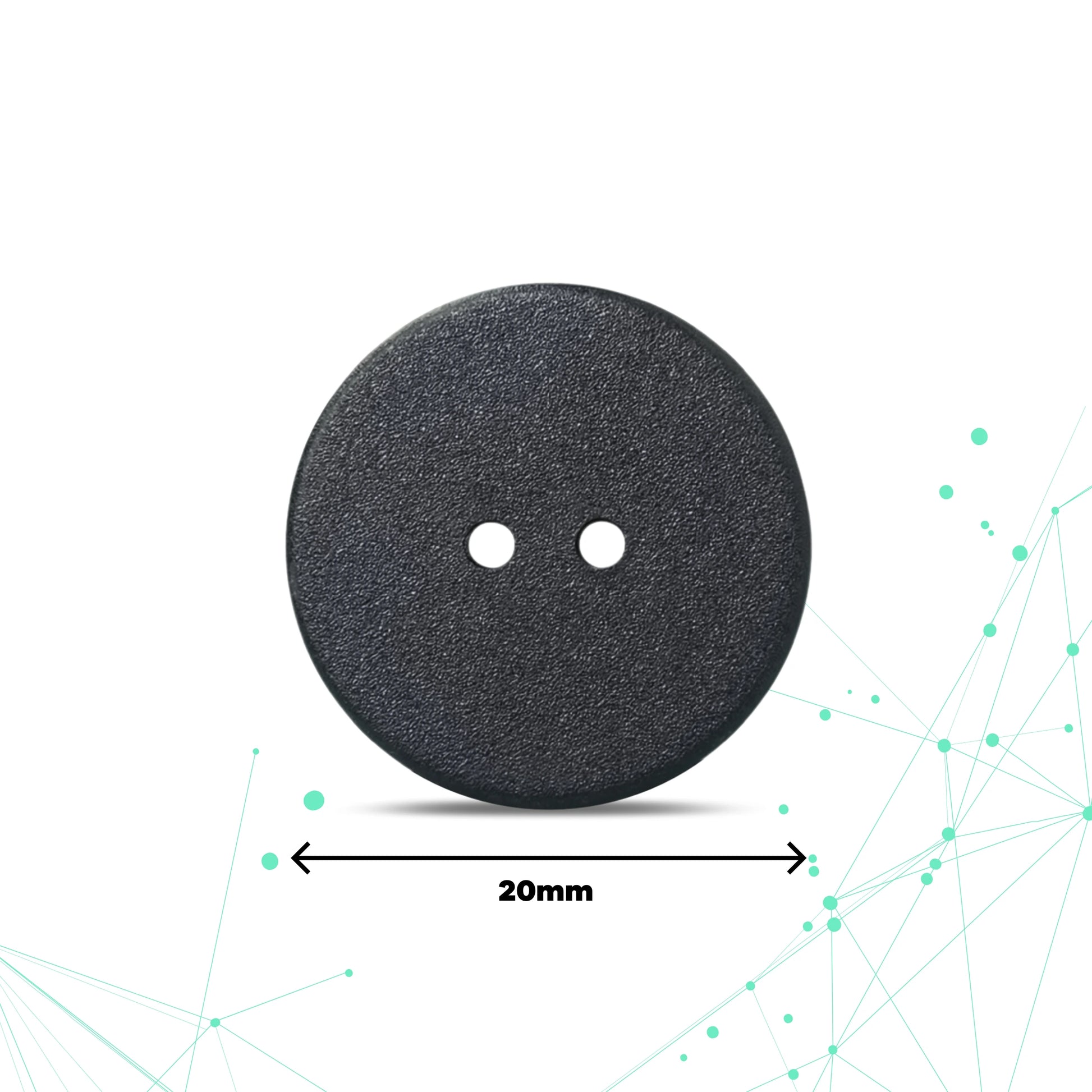 Black button with two holes on a white background, labeled '20mm' for the dimension.