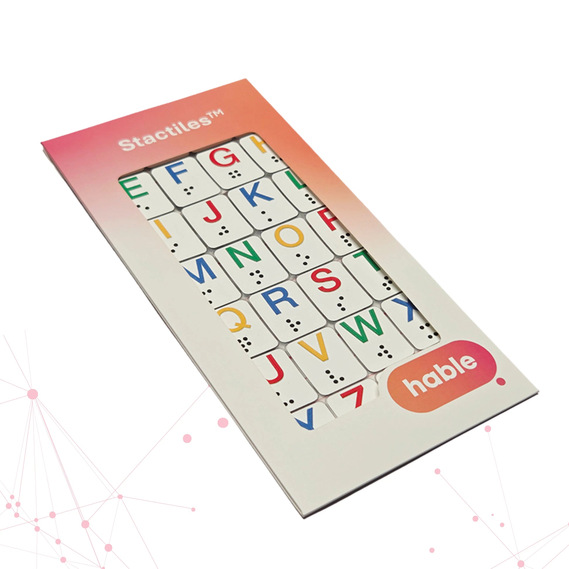 A packaged Stactiles Letters sheet featuring raised, colorful alphabet stickers with braille dots. The packaging has a pink-to-orange gradient border and a window showing the tactile letters, with the Hable logo in the bottom corner.