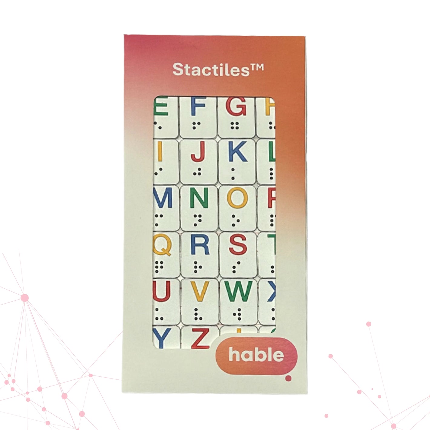 A packaged Stactiles Letters sheet showing raised, colorful alphabet stickers with braille dots. The packaging features a pink-to-orange gradient top section with “Stactiles™” and a window revealing the tactile letters, with the Hable logo at the bottom.