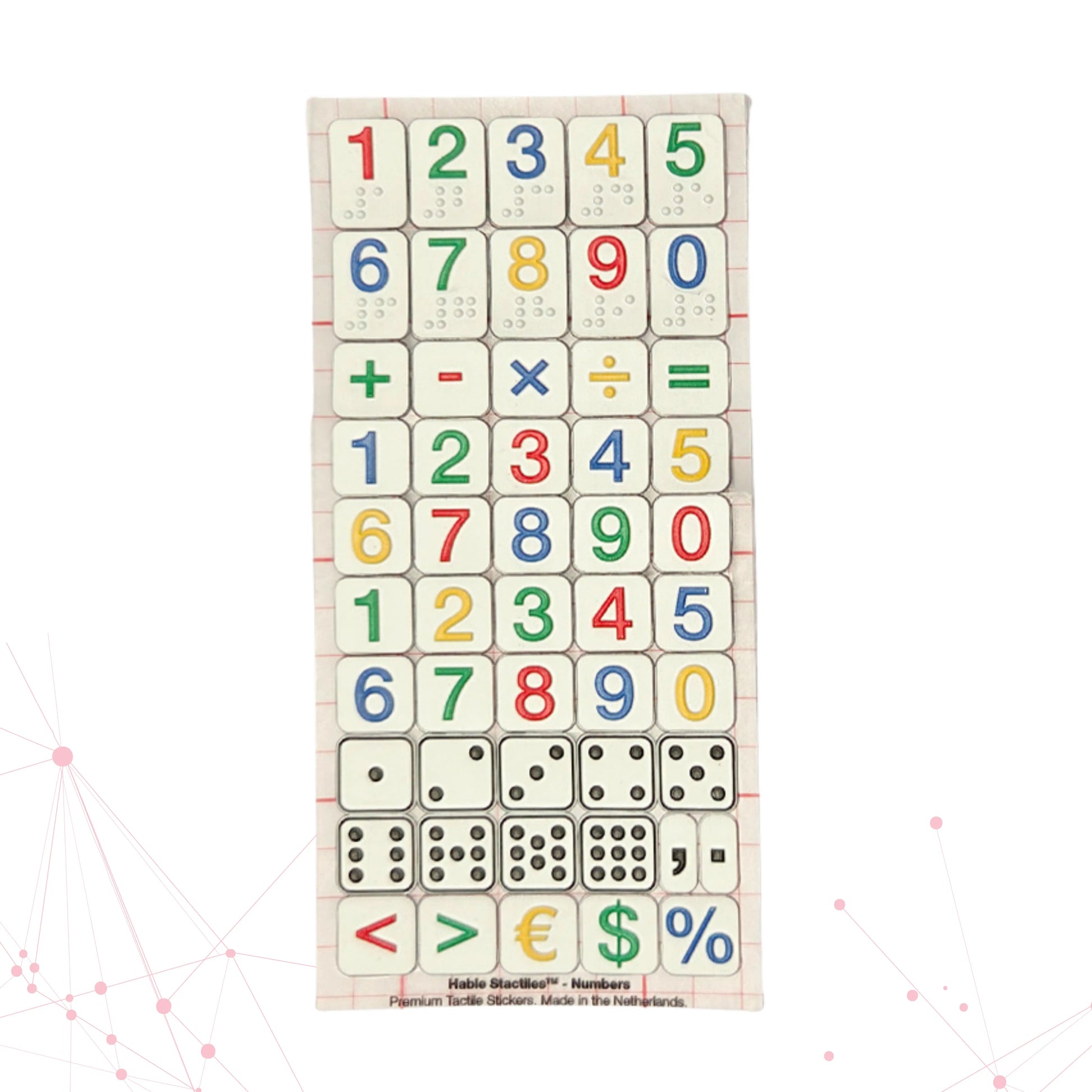 A Stactiles Numbers sheet featuring raised tactile stickers of numbers, math symbols, dice patterns, and currency symbols. The stickers are arranged in neat rows on a transparent backing with a faint red grid.