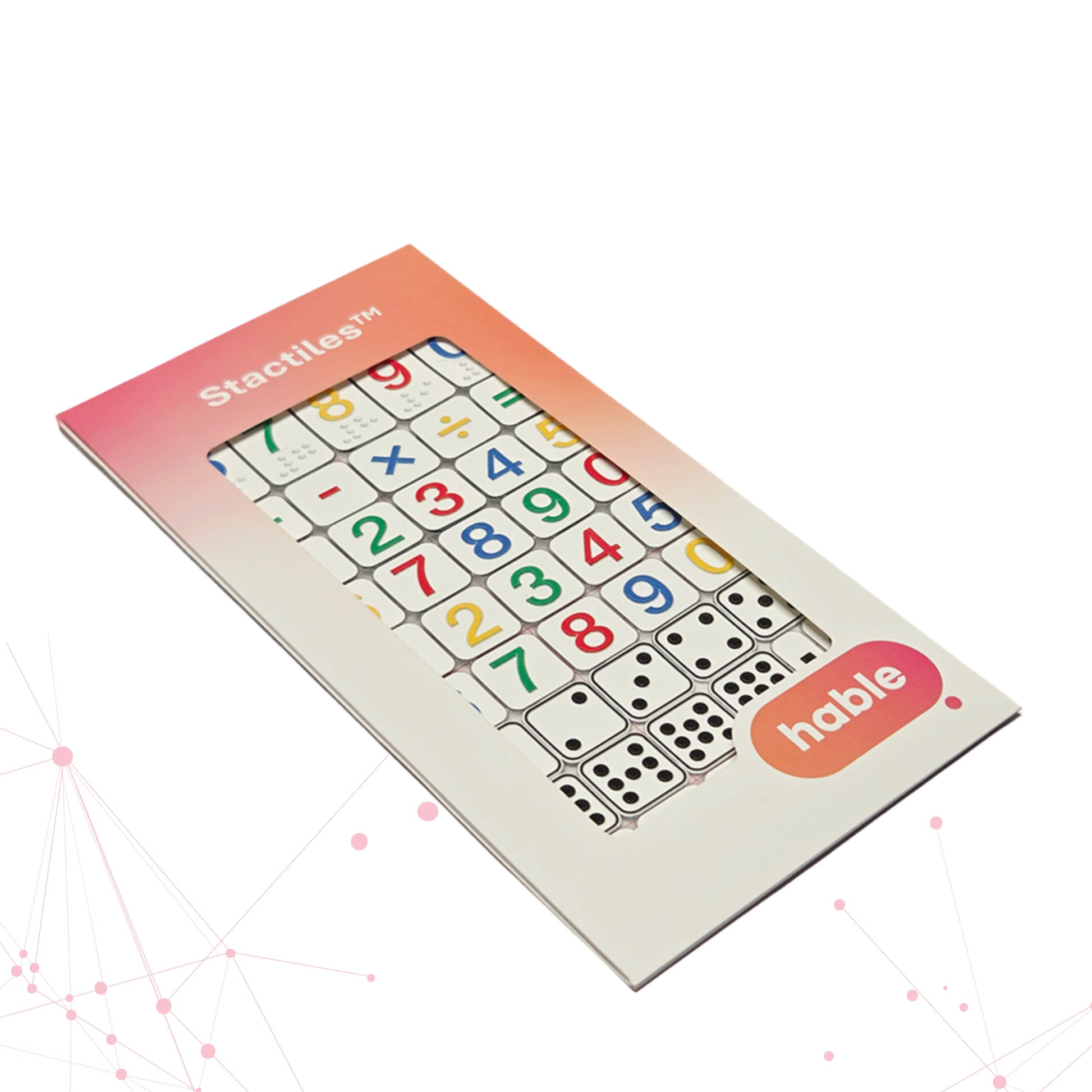 A packaged Stactiles Numbers sheet displaying raised tactile stickers of numbers, math symbols, and dice patterns. The packaging features a pink-to-orange gradient border with a window showing the stickers, and the Hable logo at the bottom.